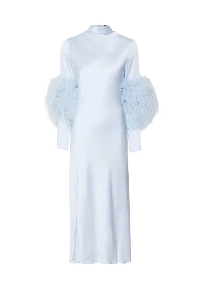 LAPOINTE Satin Draped Neck Bias Dress With Feathers