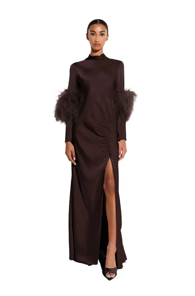 LAPOINTE Satin Tab Gown With Feathers