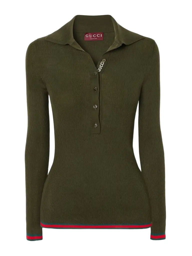 Gucci Striped Ribbed Cashmere And Silk-blend Polo Shirt