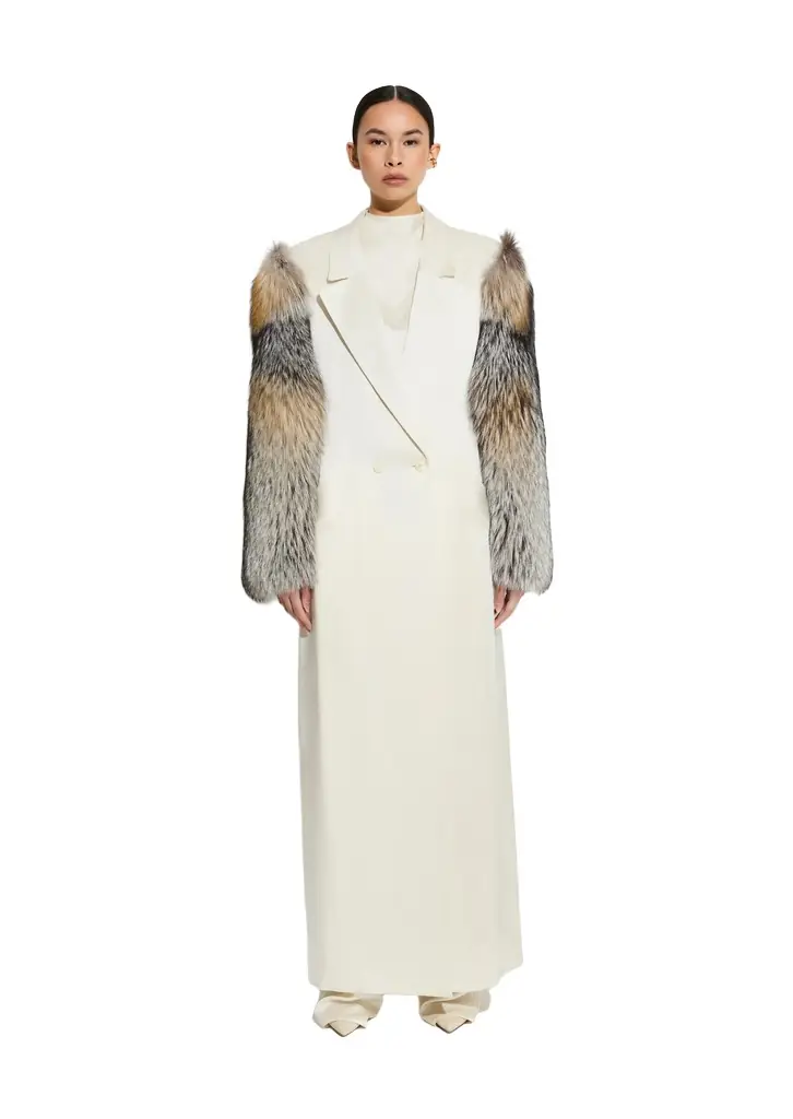 LAPOINTE Satin Double Breasted Coat With Fur