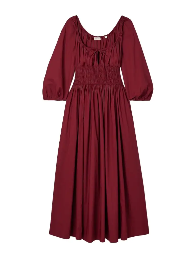 DÔEN Quintessa Tie-detailed Shirred Organic Cotton-poplin Midi Dress