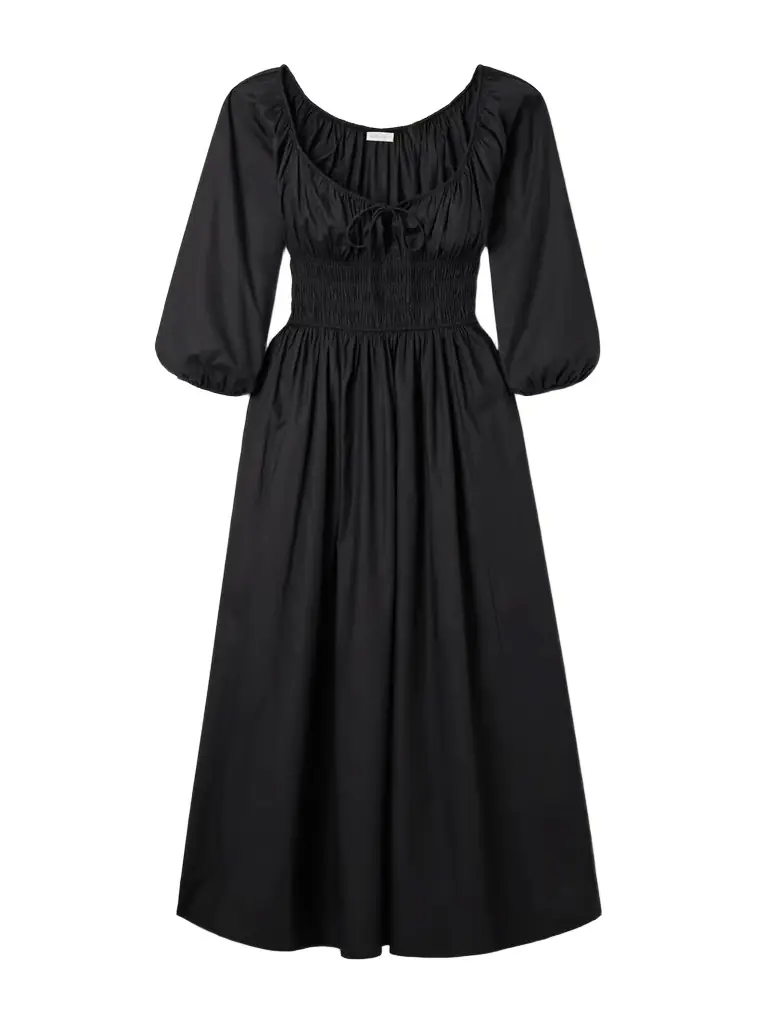 DÔEN Quintessa Tie-detailed Shirred Organic Cotton-poplin Midi Dress