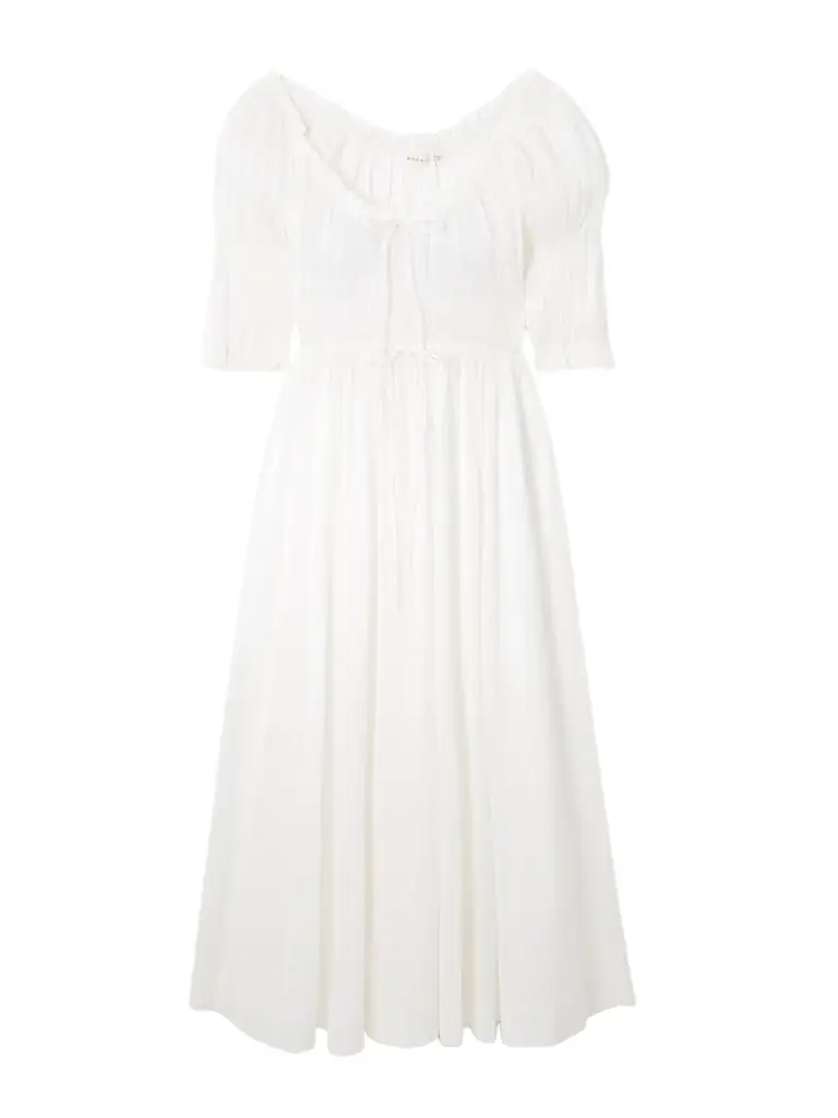 DÔEN Ischia Shirred Organic Cotton-blend Voile Midi Dress