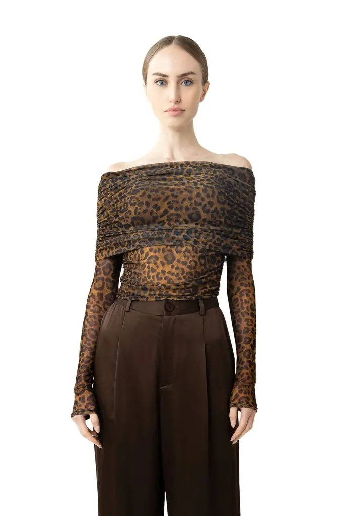 LAPOINTE Printed Mesh Off The Shoulder Top