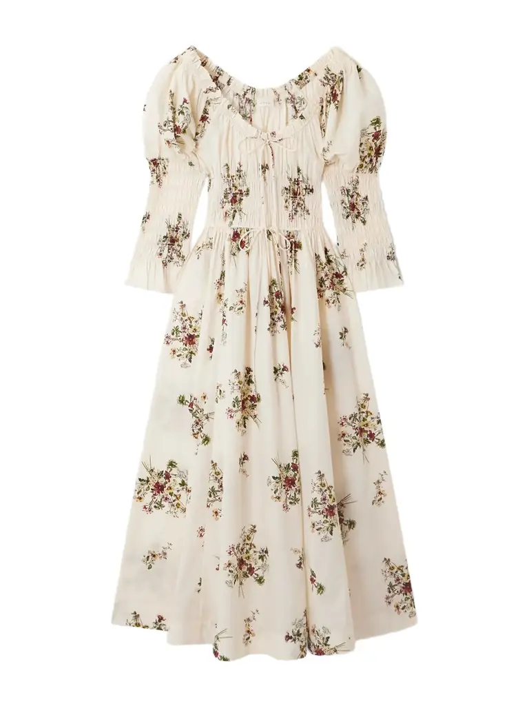 DÔEN Kaira Shirred Floral-print Organic Cotton-poplin Midi Dress