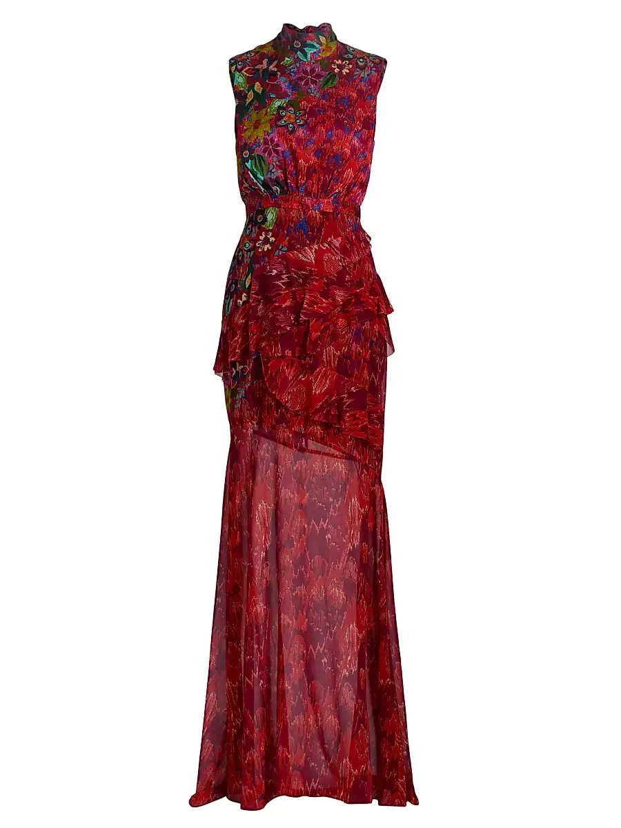 Saloni Women's Fleur Sleeveless Ruffled Silk Maxi Dress - Astilbe Garden