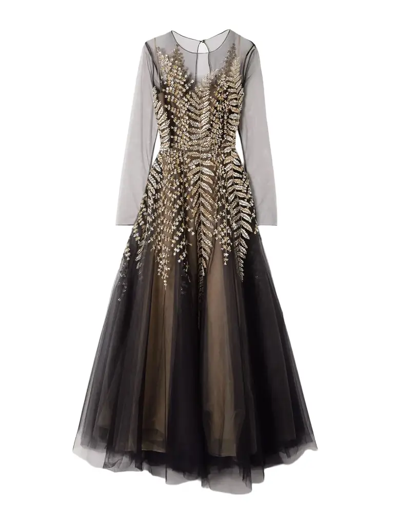 Oscar de la Renta Crystal, Bead And Sequin-embellished Pleated Tulle Midi Dress