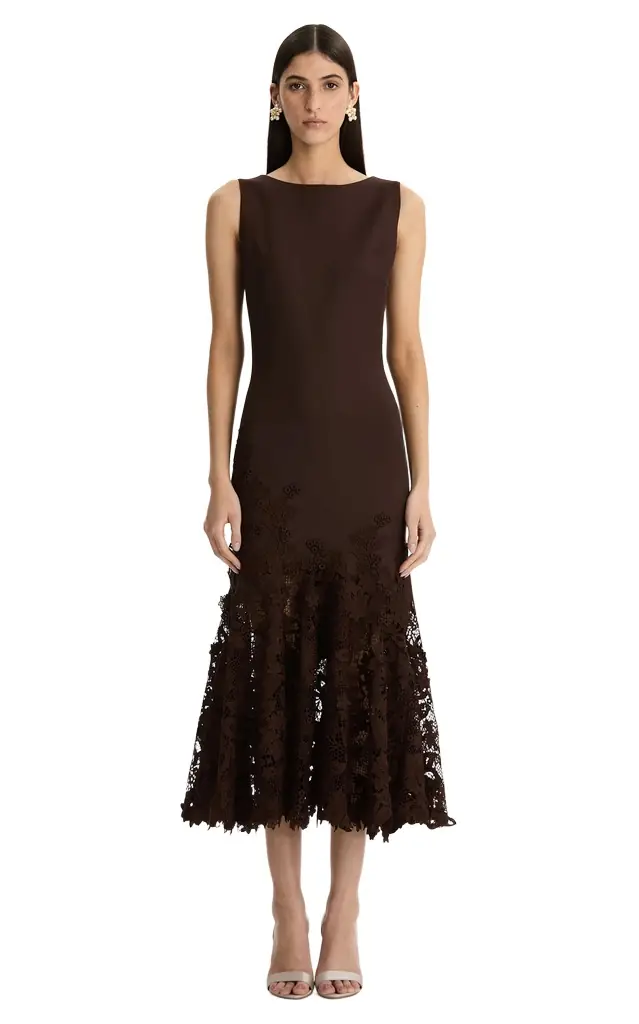 Oscar de la Renta Porcelain Flowers Guipure Midi Dress