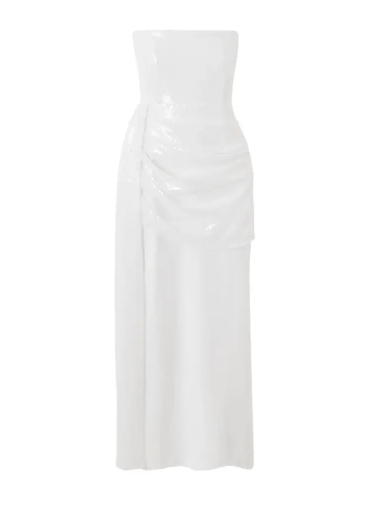 Alex Perry Strapless Draped Sequined Mesh Midi Dress