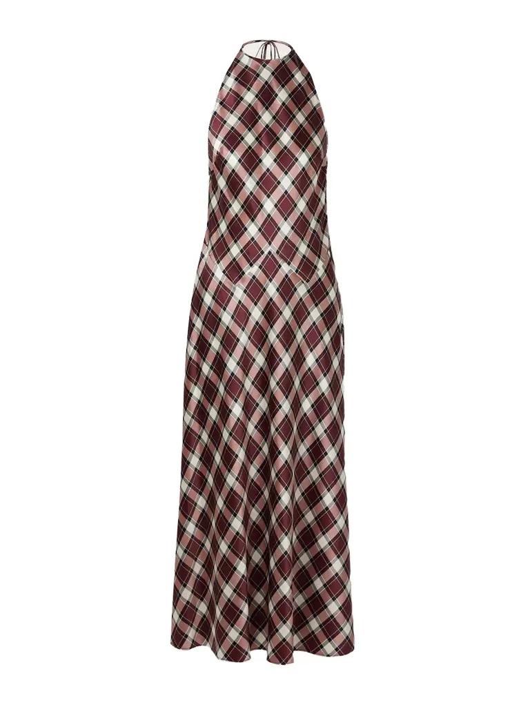 DÔEN Maxime Checked Silk-satin Halterneck Maxi Dress