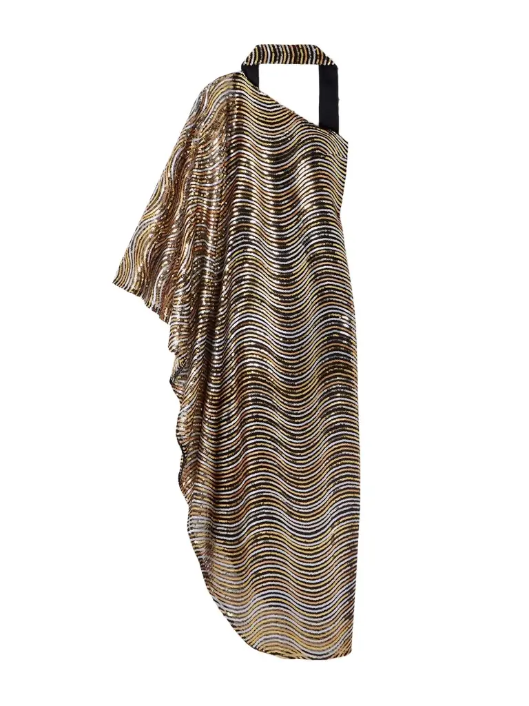 Taller Marmo The Glaum One-shoulder Scarf-detailed Sequin-embellished Mesh Gown