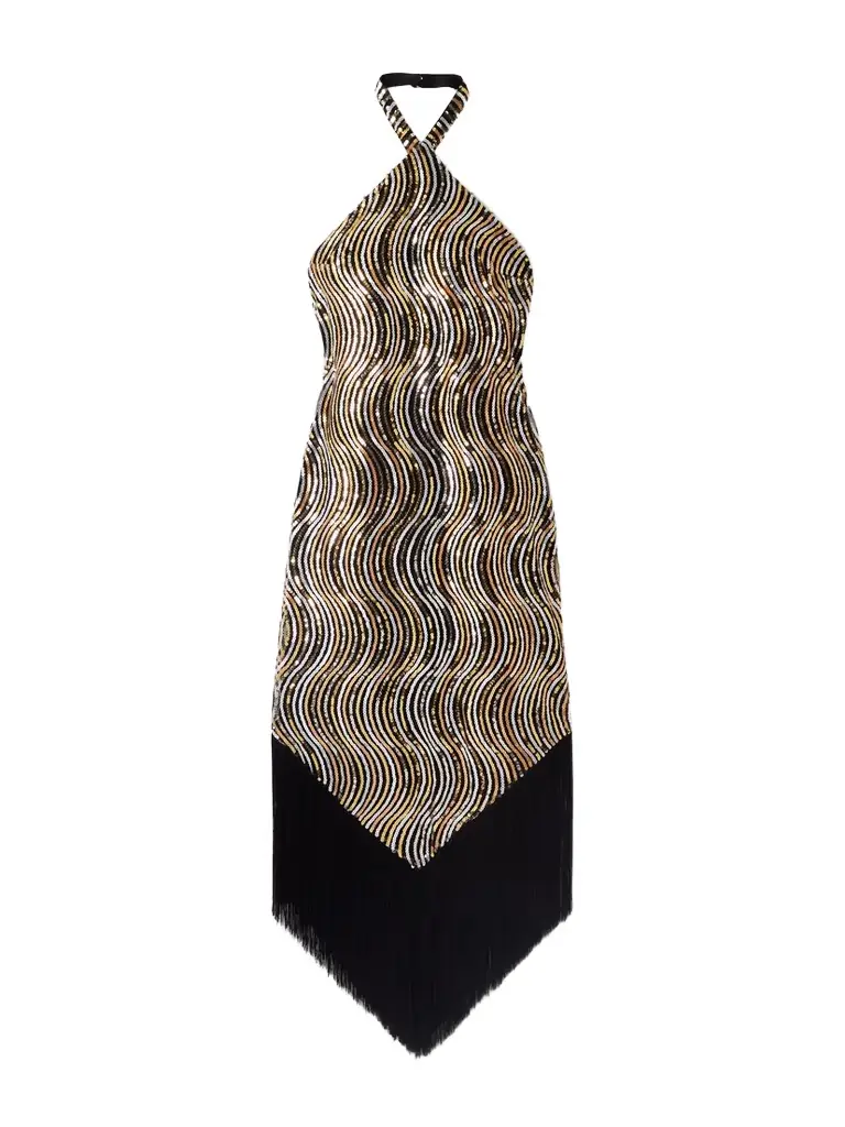 Taller Marmo Nina Flapper Fringed Sequin-embellished Mesh Halterneck Midi Dress