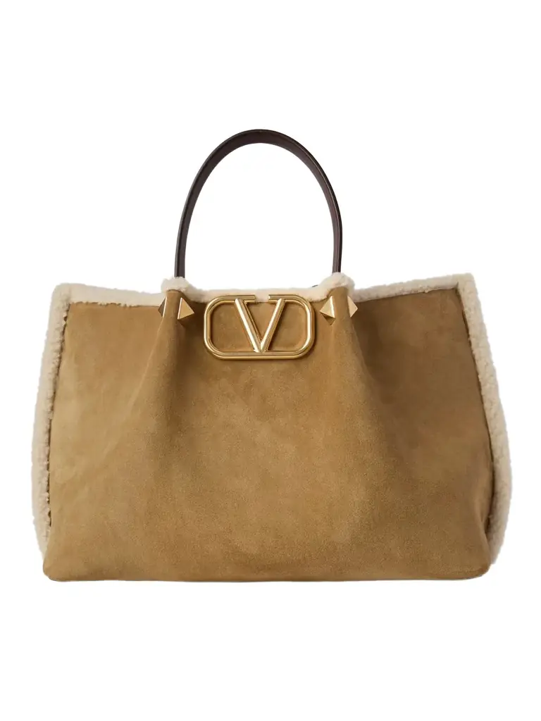 Valentino Garavani Vlogo Medium Leather-trimmed Embellished Suede Shoulder Bag