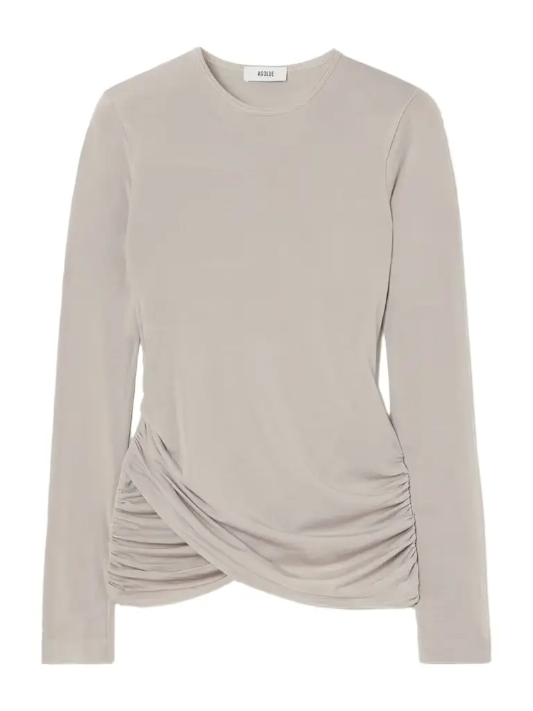 AGOLDE Eve Twist Ruched Draped Stretch-lyocell Jersey Top