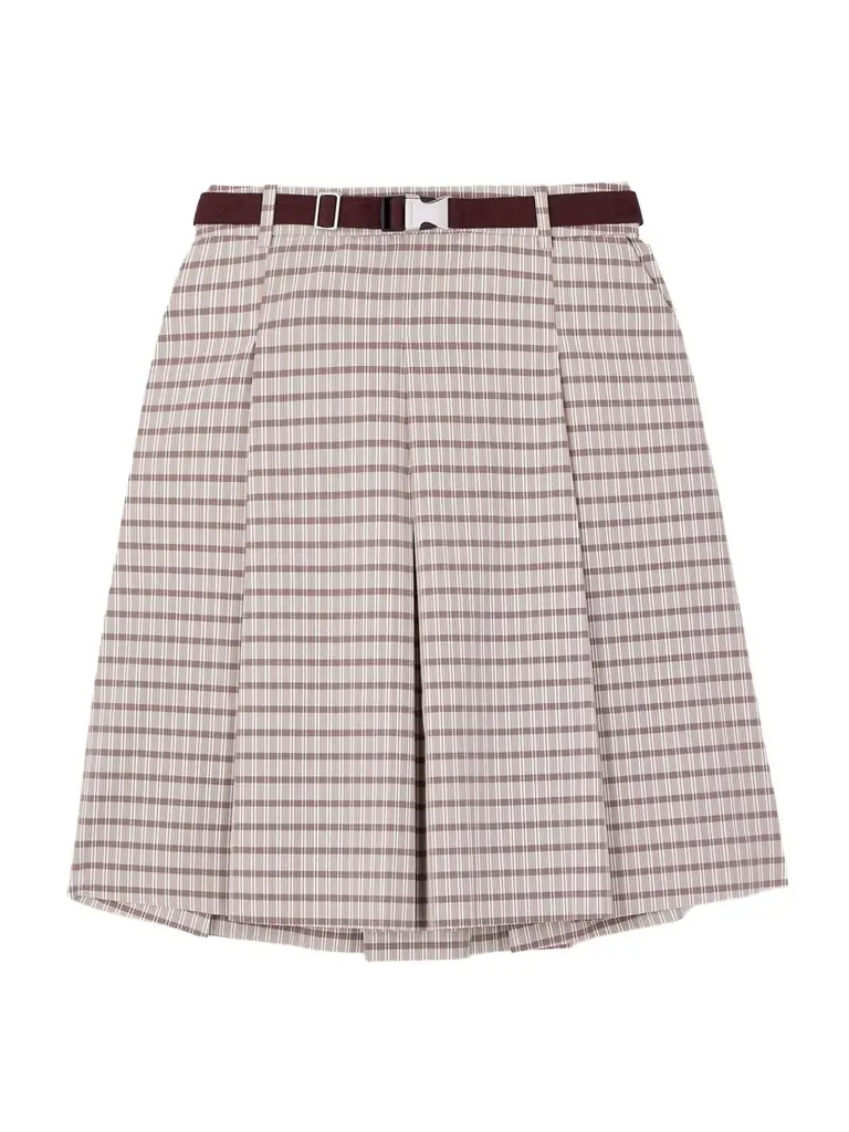 Tory Sport Belted Pleated Checked Twill Midi Skirt