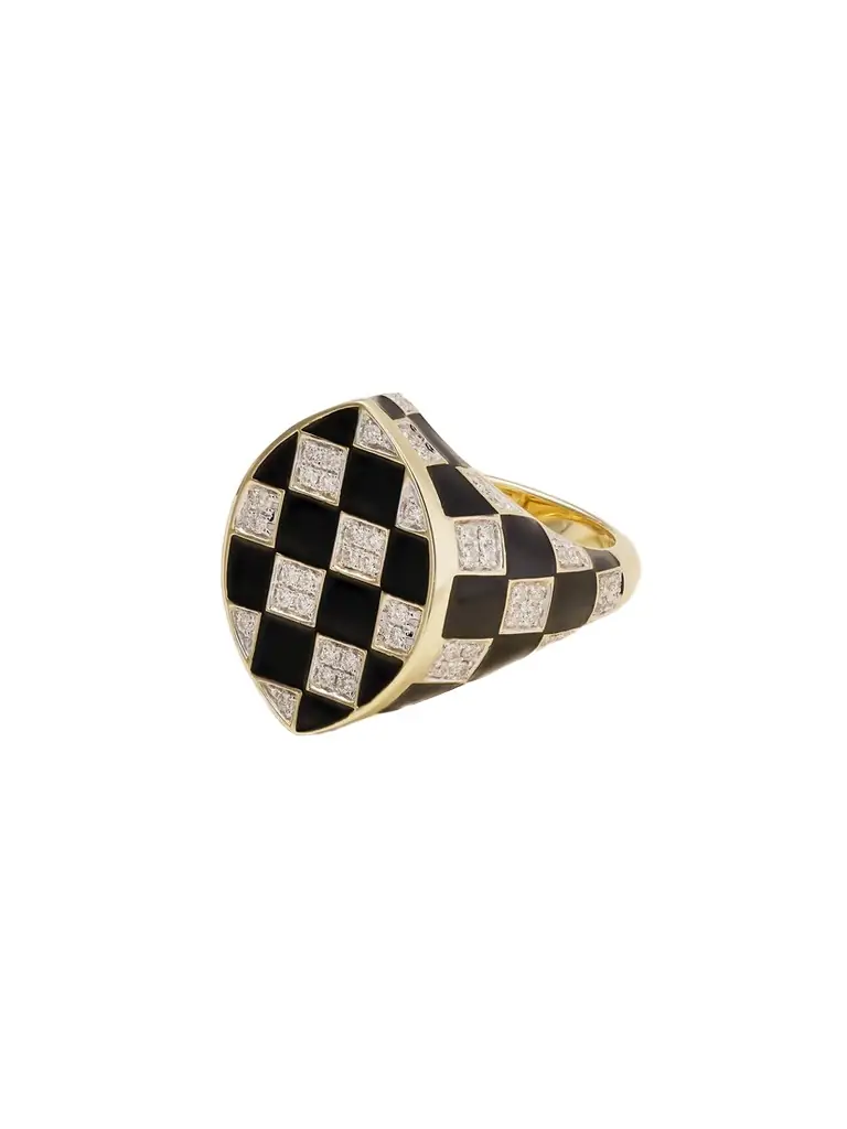 Yvonne Léon Chevalière Marquise Damier 9-karat Gold, Diamond And Enamel Ring