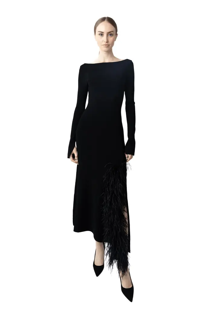 LAPOINTE Matte Viscose Boatneck Dress With Feathers