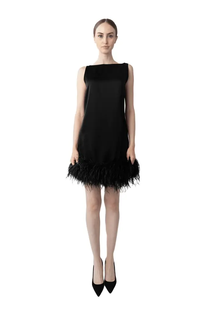 LAPOINTE Satin Sleeveless Mini Dress With Feathers