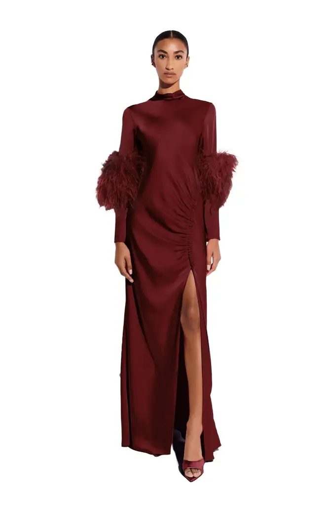 LAPOINTE Satin Tab Gown With Feathers