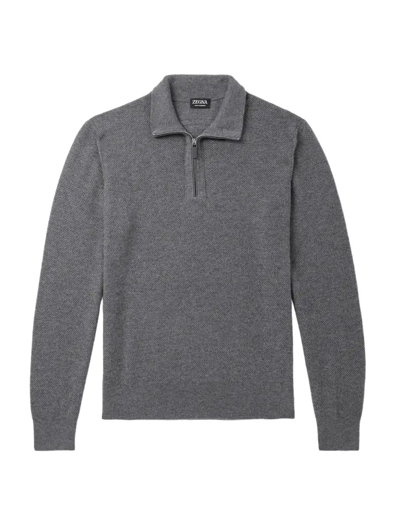 Zegna Leather-Trimmed Oasi Cashmere Half-Zip Sweater - Men
