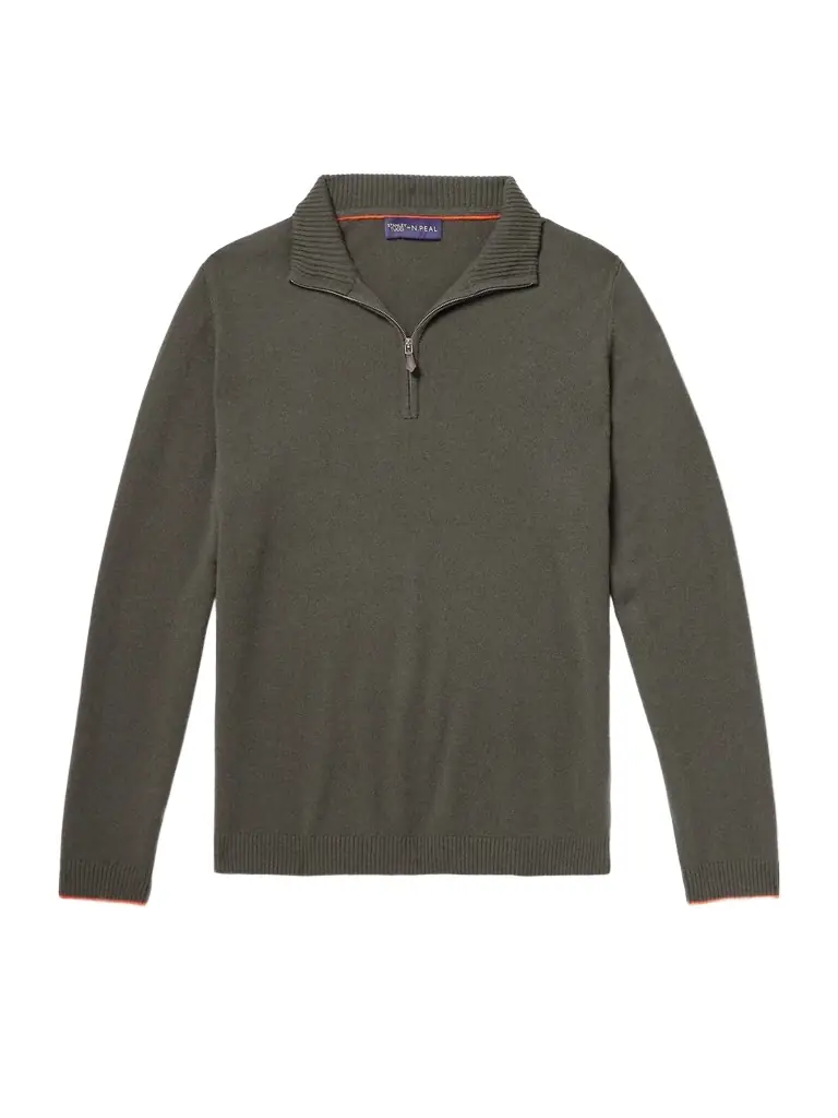 N.Peal Stanley Tucci Leather-Trimmed Half-Zip Sweater - Men