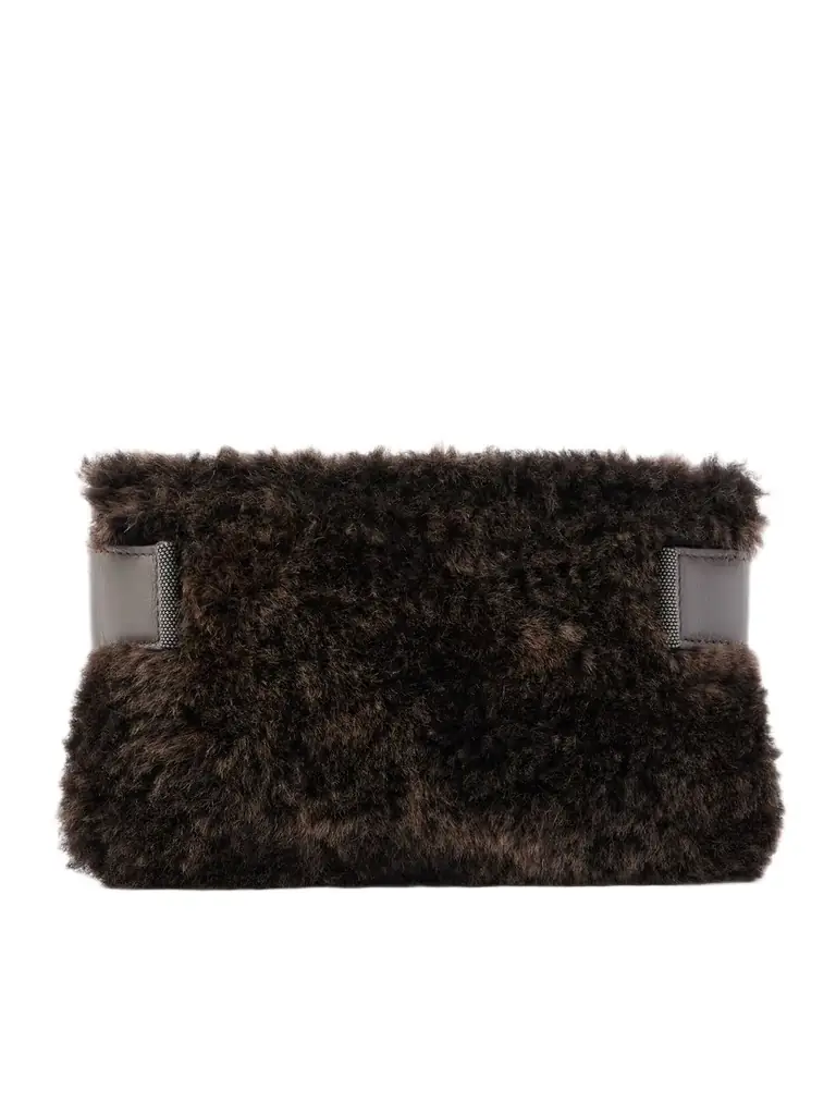 Brunello Cucinelli Bead-embellished Leather-trimmed Shearling Clutch