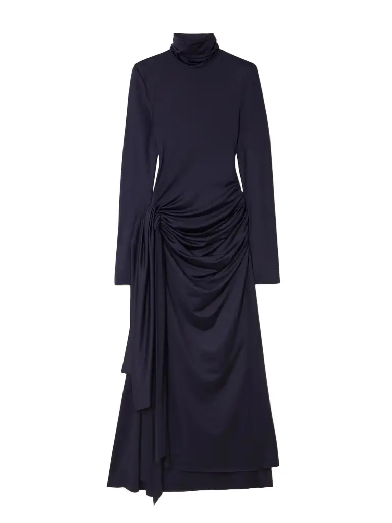 Victoria Beckham Gathered Draped Jersey Turtleneck Midi Dress