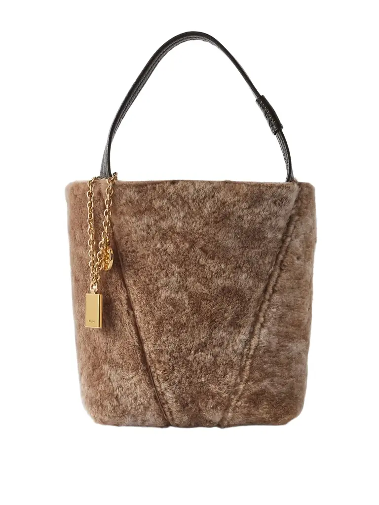 Chloé Spin Embellished Leather-trimmed Shearling Tote