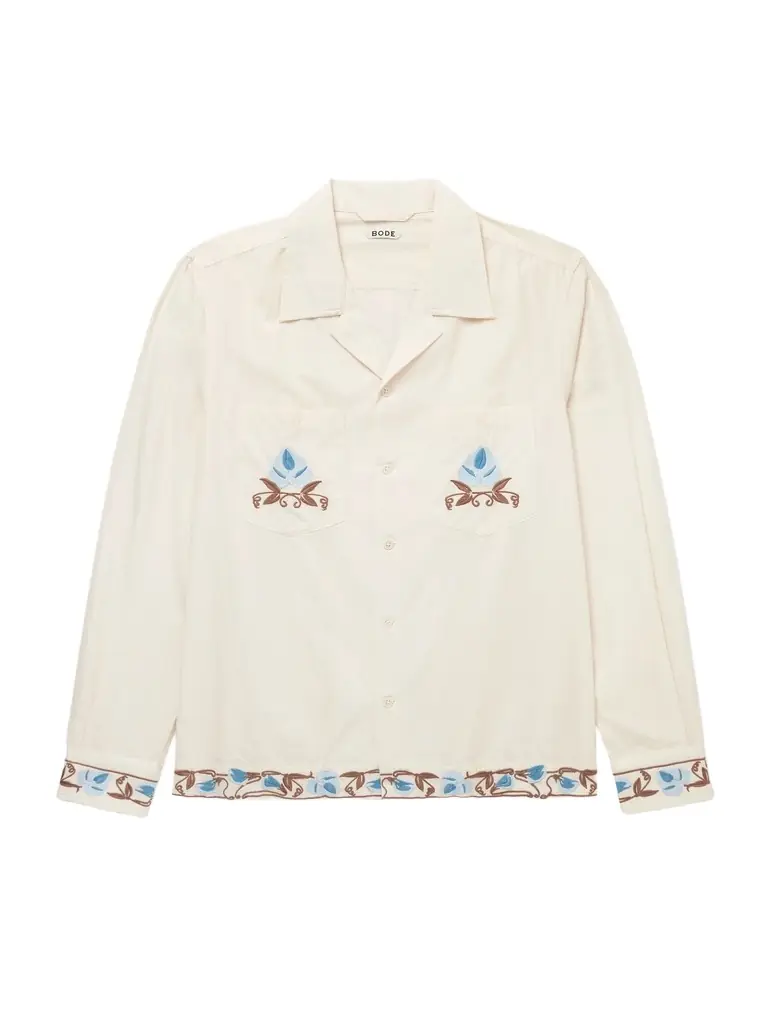 BODE Nouveau Vine Camp-Collar Embroidered Cotton-Poplin Shirt - Men