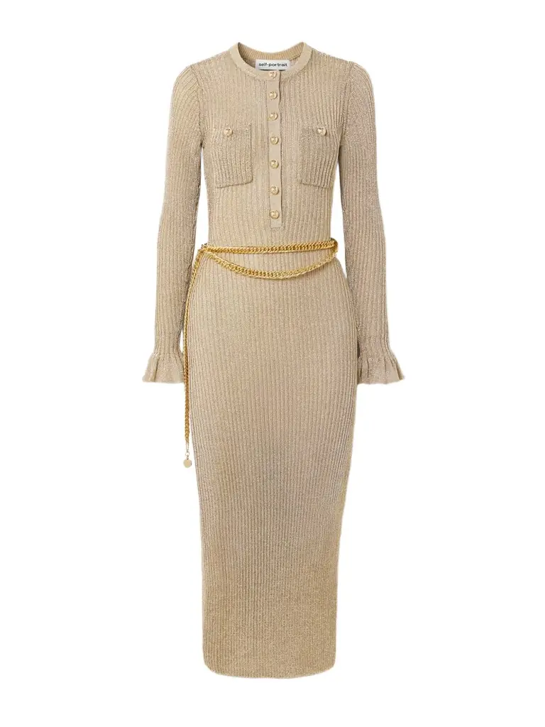 Self-Portrait Belted Ruffled Metallic Ribbed-knit Midi Dress