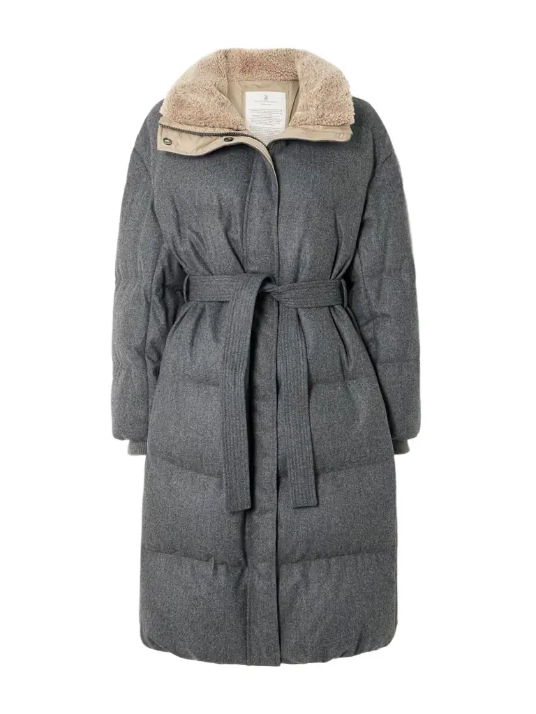 Brunello Cucinelli Belted Quilted Shearling-trimmed Wool Down Coat