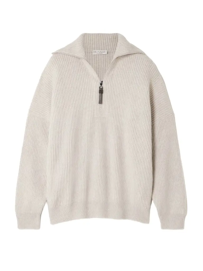Brunello Cucinelli Bead-embellished Ribbed Cashmere Half-zip Sweater