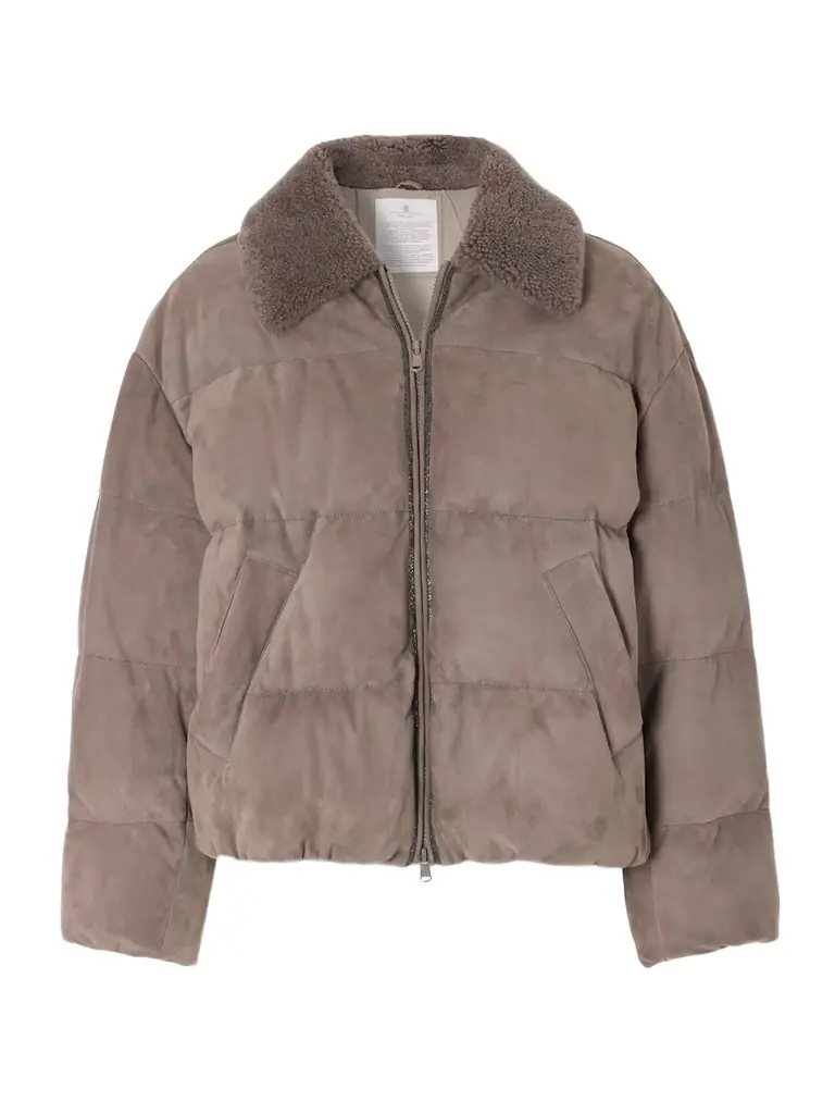 Brunello Cucinelli Bead-embellished Shearling-trimmed Padded Quilted Suede Down Jacket