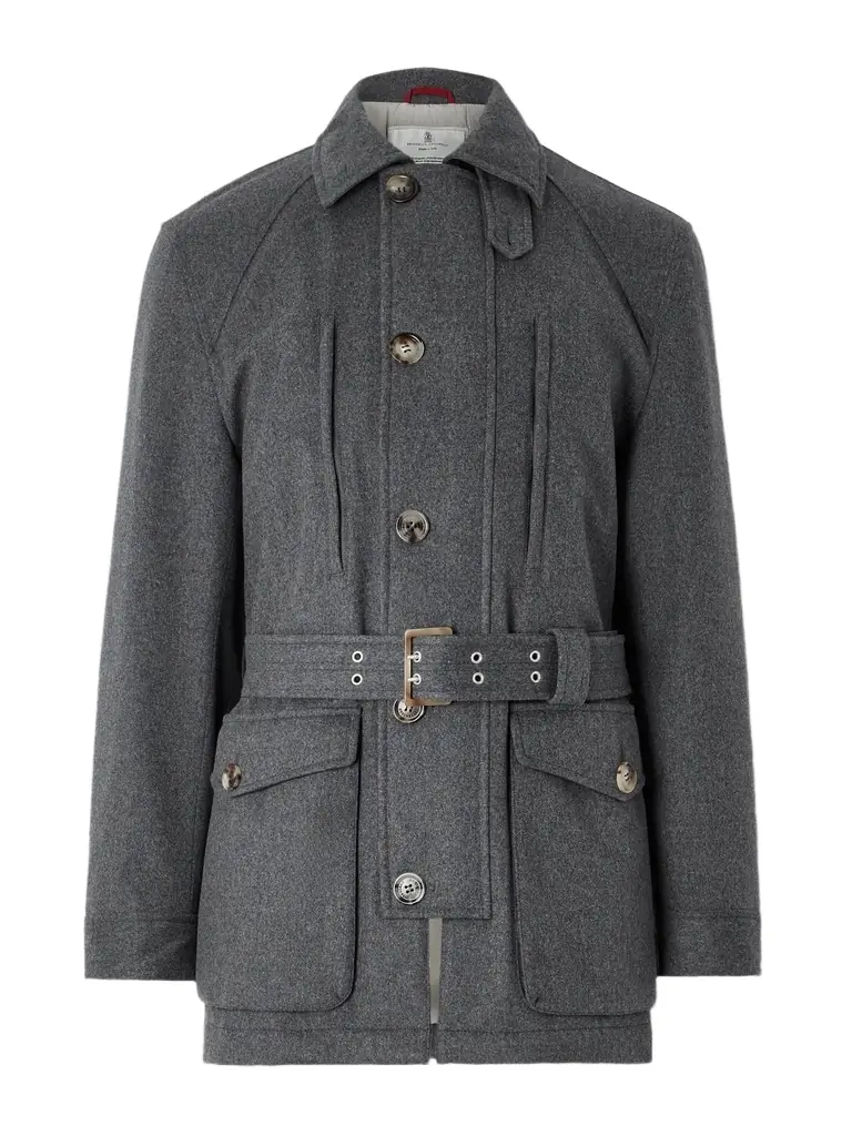 Brunello Cucinelli Cappotto Belted Leather-Trimmed Wool Field Jacket - Men