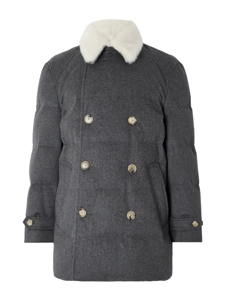 Brunello Cucinelli Double-Breasted Shearling-Trimmed Quilted Wool Down Jacket - Men