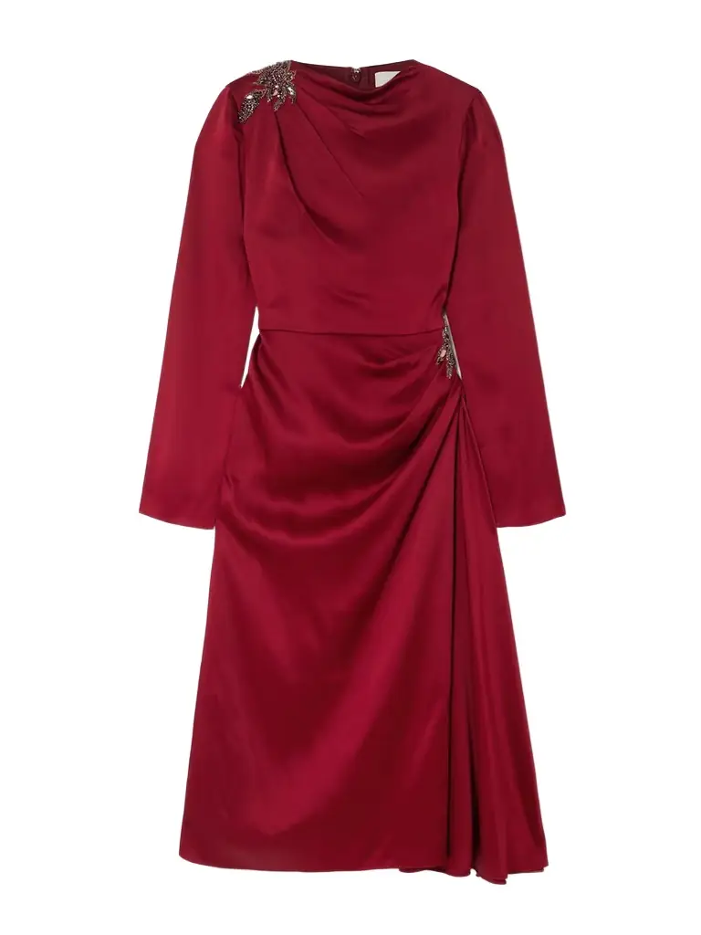 Erdem Draped Crystal-embellished Appliquéd Satin Midi Dress