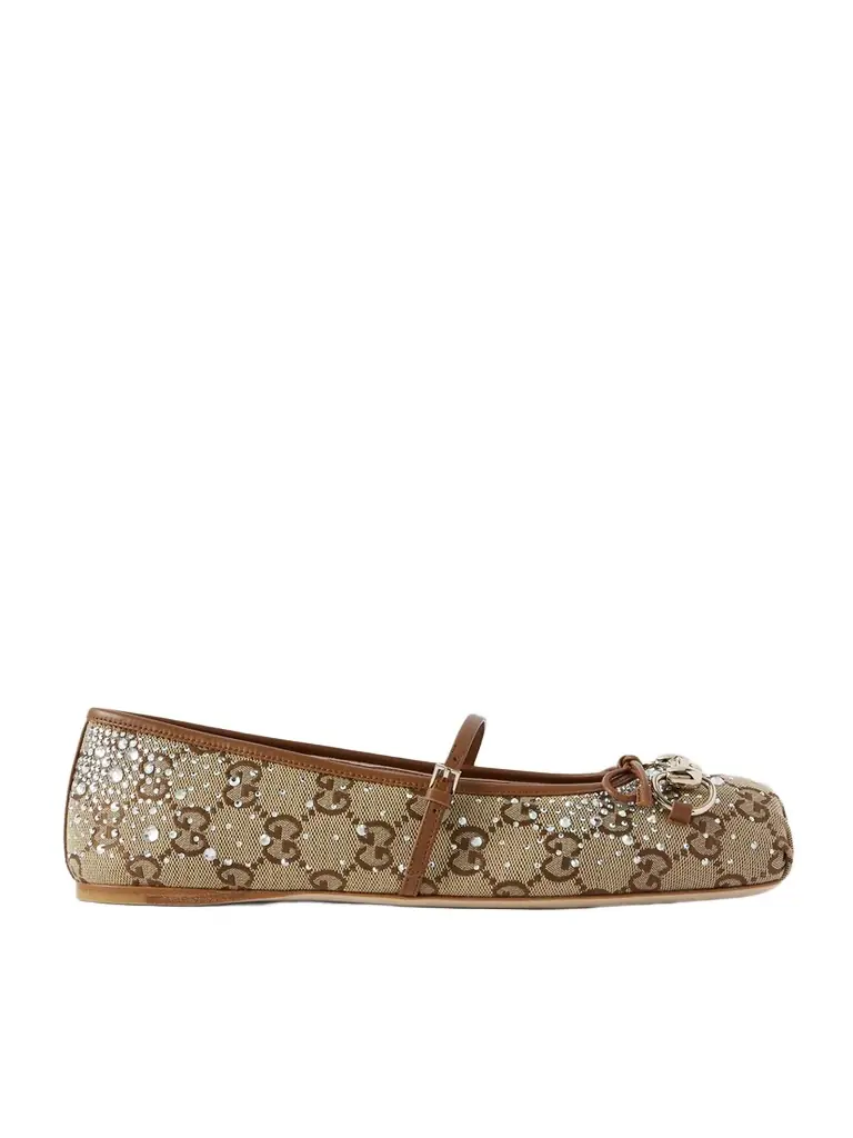 Gucci Horsebit Ballerina Leather-trimmed Crystal-embellished Canvas-jacquard Flats