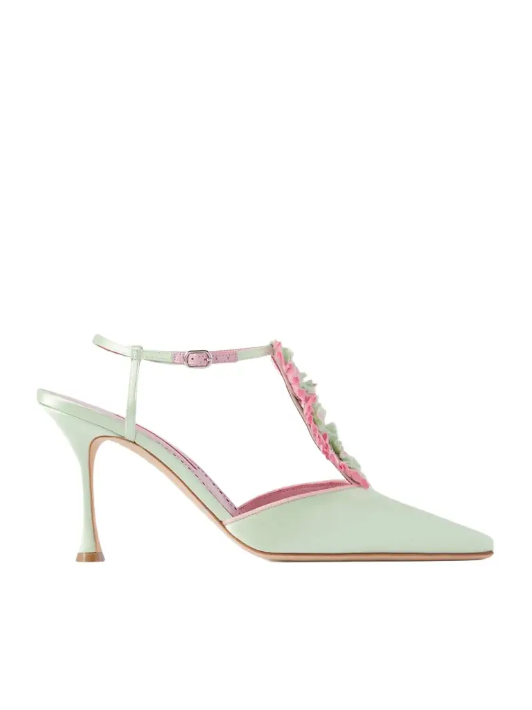 Manolo Blahnik Hebes 90 Appliquéd Satin Mary Jane Pumps