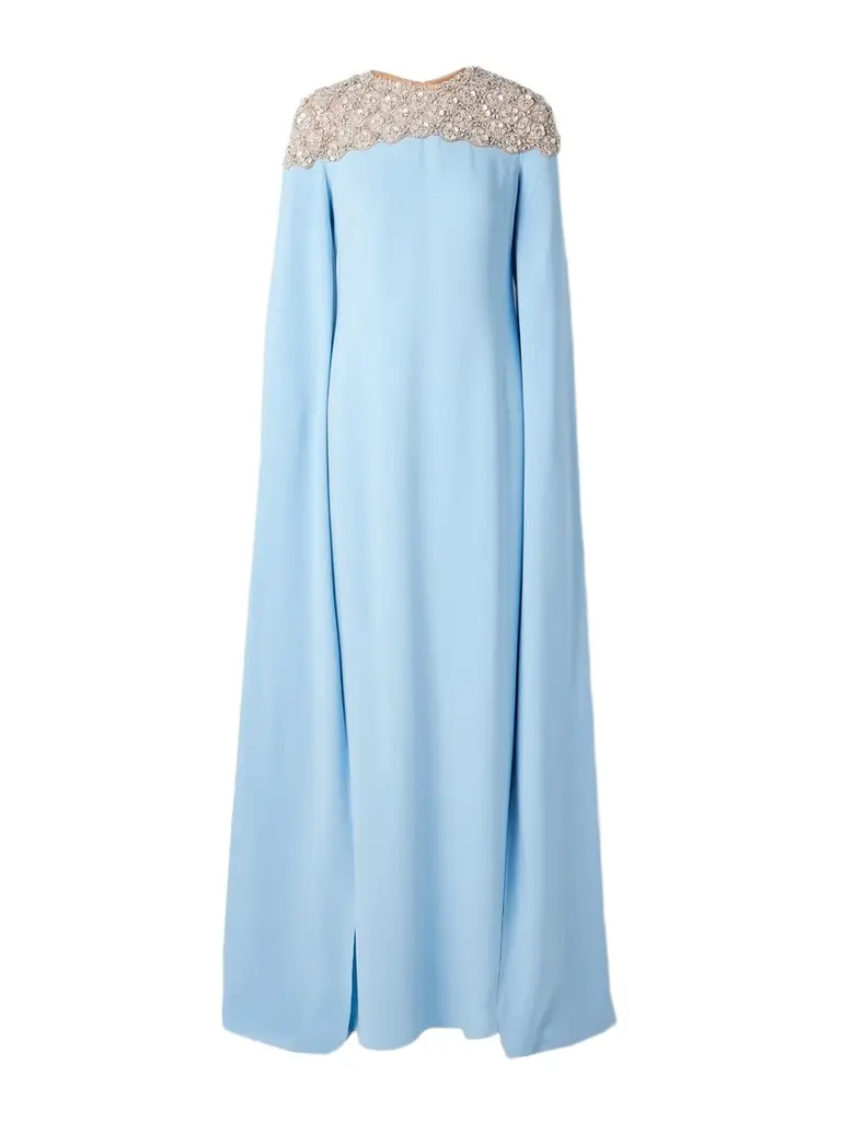 Oscar de la Renta Cape-effect Embellished Tulle-trimmed Silk-blend Georgette Gown