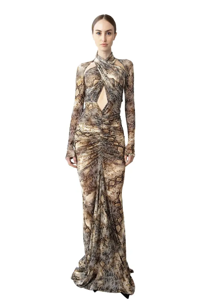 LAPOINTE Printed Mesh Halter Ruched Gown