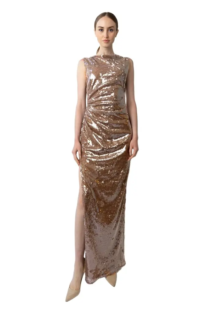 LAPOINTE Sheer Sequin Ruched Gown With Slit