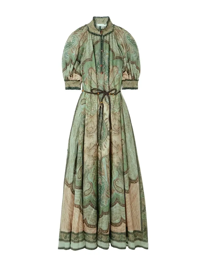 Zimmermann Wanderlust Belted Shirred Printed Silk-habotai Midi Dress