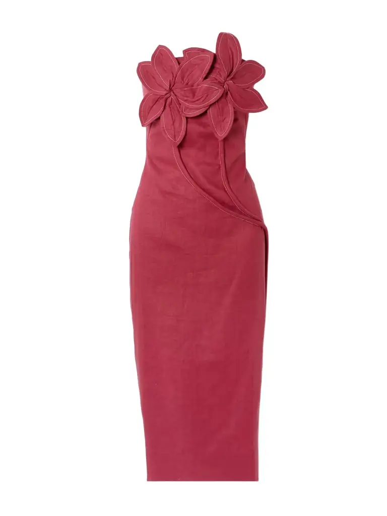 ANDRES OTALORA Florecer Strapless Appliquéd Linen Midi Dress