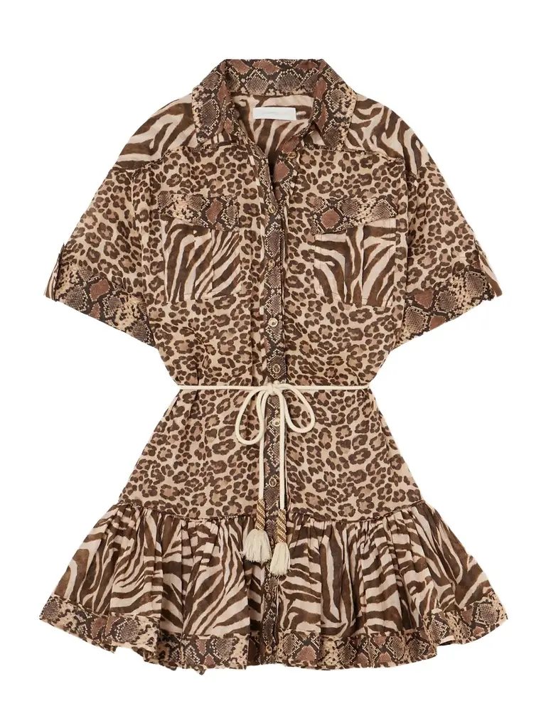 Zimmermann Wanderlust Lantern Belted Printed Cotton Mini Dress