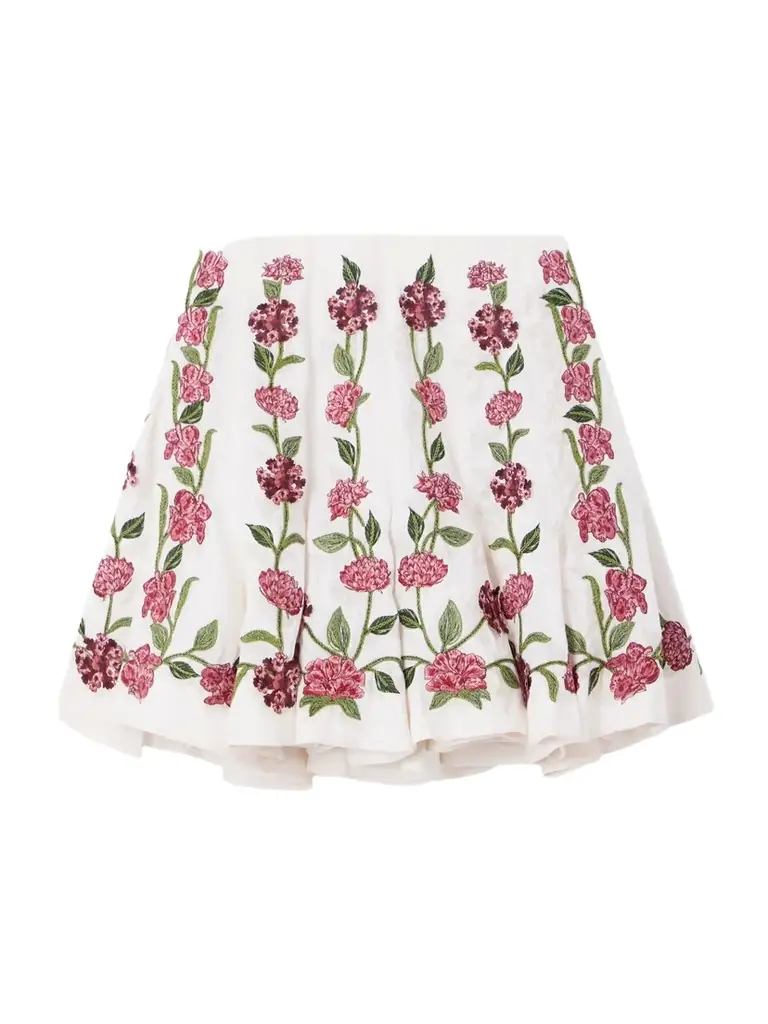 Agua by Agua Bendita Cerezo Appliquéd Embroidered Linen Mini Skirt