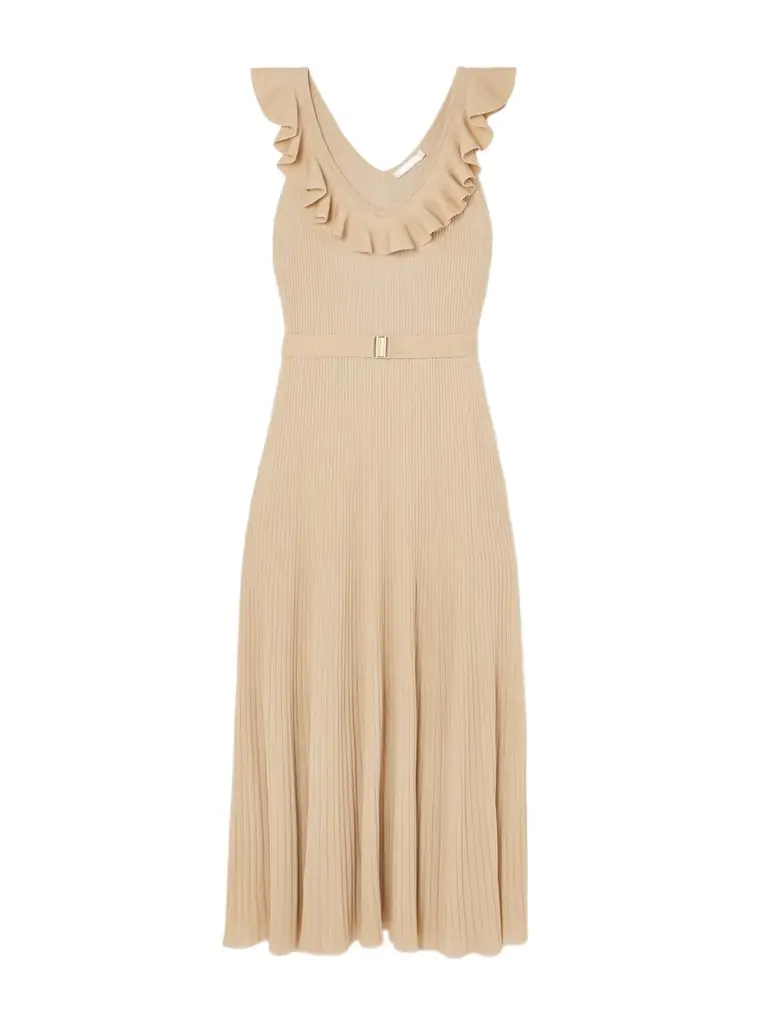 Zimmermann Awaken Ruffled Belted Metallic Ribbed-knit Midi Dress