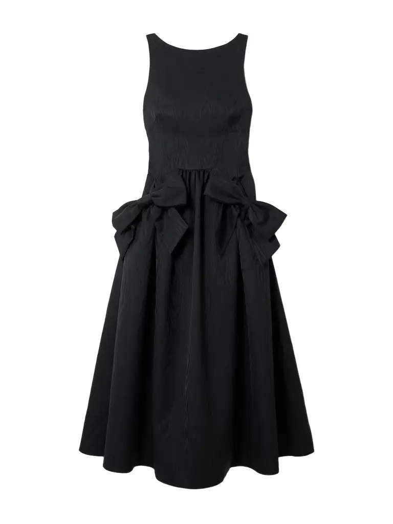 Rebecca Vallance Narcissa Bow-embellished Gathered Moire Midi Dress