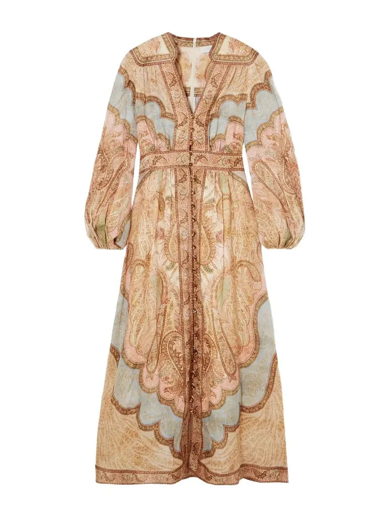 Zimmermann Wanderlust Gathered Printed Linen Midi Dress