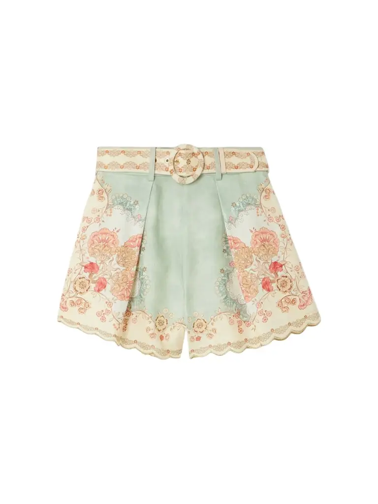 Zimmermann Daylight Belted Scalloped Pleated Printed Linen Shorts