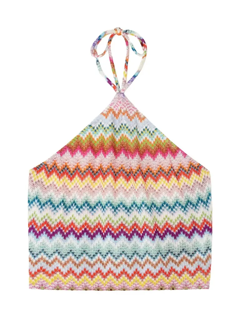 Missoni Mare Cropped Striped Metallic Crochet-knit Halterneck Top
